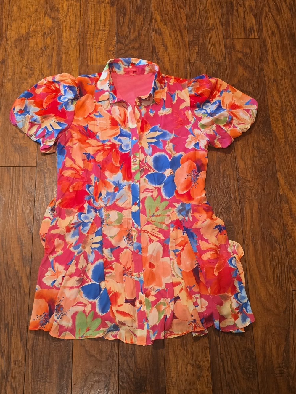 Flying Tomato Vibrant Floral Button-Up Dress in Pink, Orange & Blue